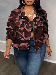 Slaydiva Plus Size Camouflage Print Drawstring Hem Jacket For Dailywear In Fall/Winter - Burgundy - View 1