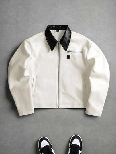 PAVTROS Men's Long Sleeve Streetwear Style Colorblock Faux Leather Collar Zip Up Cropped Jacket , Regular Fit, Ideal For Halloween, Christmas, Daily Streetwear & Hangouts, Perfect Gift For Boyfriends/Husbands On Anniversaries. Black And White Y2k Jacket, Fall