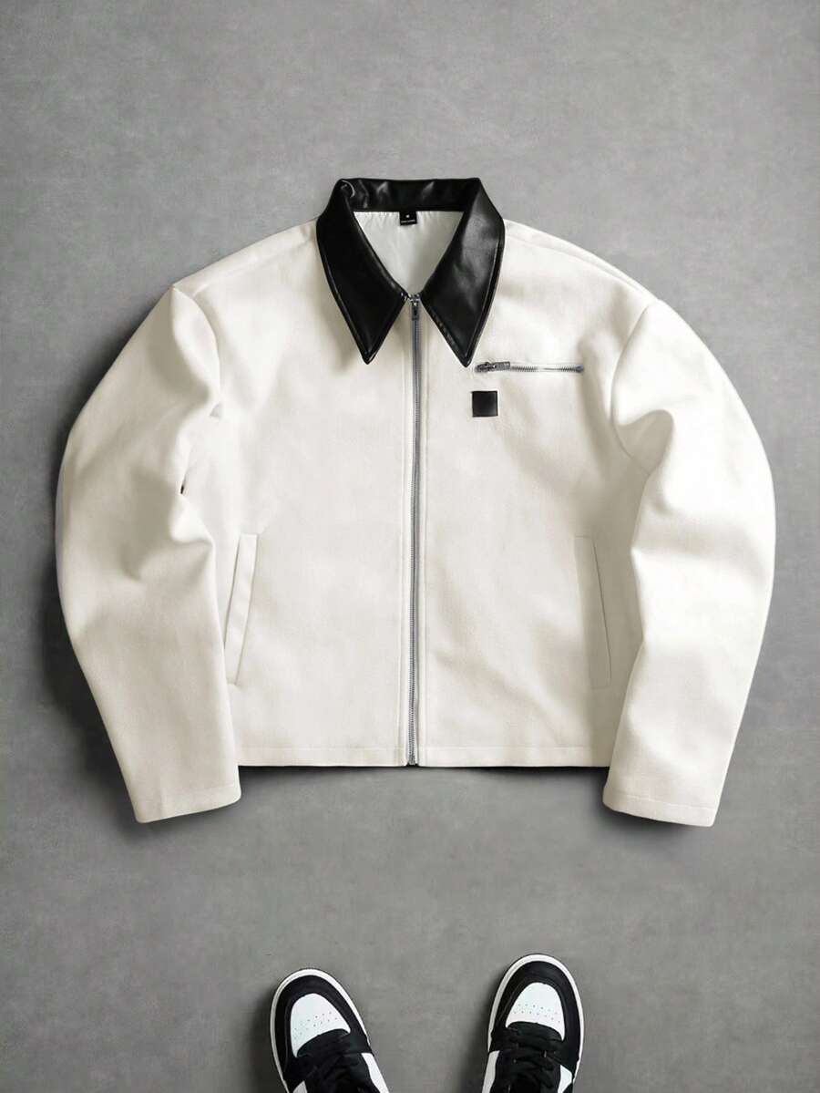 PAVTROS 男士长袖街头风撞色仿皮领拉链短款夹克，常规版型，适合万圣节、圣诞节、日常街头穿搭和休闲聚会，周年纪念日送给男友/老公的完美礼物。黑白Y2K风格夹克，秋季必备。 - 杏色 - 查看 1