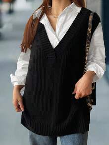 Calvaya Plus Size Women V-Neck Casual Loose Knitted Vest, Autumn/Winter - Black - View 5