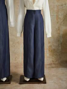 Anewsta Petite 女士高腰松紧腰阔腿休闲西装裤 - 藍色 - 查看 5