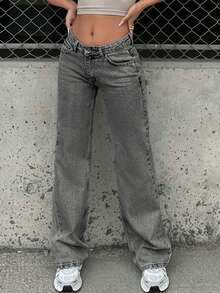 SHEIN Tall Tall Low Waist Wide Leg Grey Snow Wash Casual Style Button & Zipper Front Jean - Grey - View 7