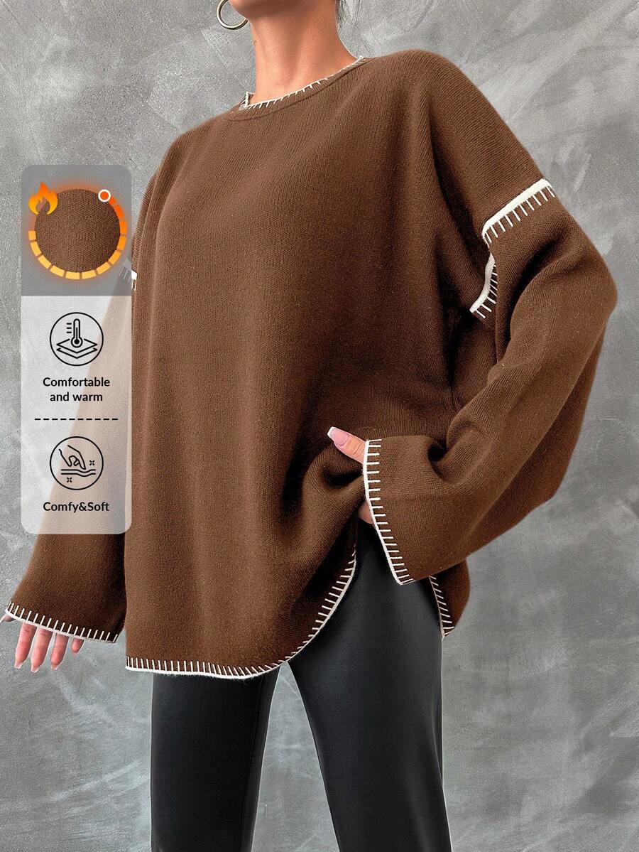EURMUSE Women Casual Contrast-Trim Dropped Shoulder Oversized Sweater, Autumn/Winter - Chocolate Brown - View 1