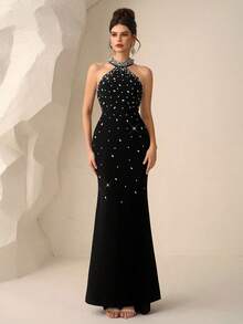 Coutiva Váy dạ hội cao cấp cổ yếm đính đá Rhinestone sang trọng, viền đuôi cá - màu đen - Xem 5