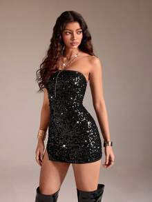 Flirla 黑色亮片装饰无肩带紧身迷你裙，弹力修身高开衩休闲性感派对连衣裙，适合圣诞节、新年、夏季婚礼、鸡尾酒会等场合。 - 黑色 - 查看 4