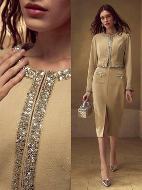 MOTF PREMIUM CONTRAST SEQUINS TRIM JACKET & SPLIT SKIRT SET