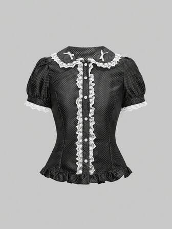 Kawaii Women's Polka Dot Fitted Waist Lace Patchwork Short Sleeve Blouse