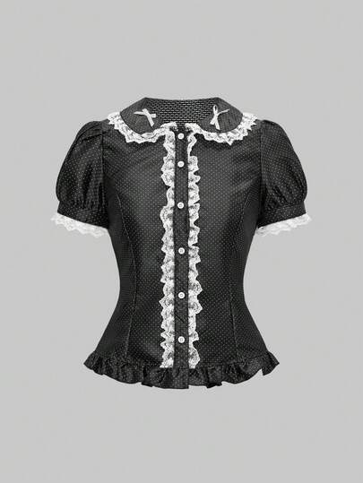 Kawaii Blouse à manches courtes avec taille ajustée, patchwork en dentelle et à pois pour femmes
