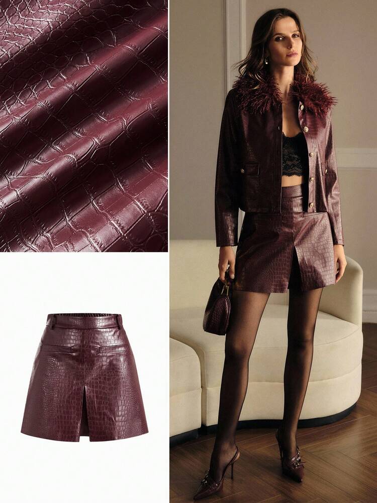 CROCODILE EMBOSSED SPLIT SKIRT, FALL WINTER