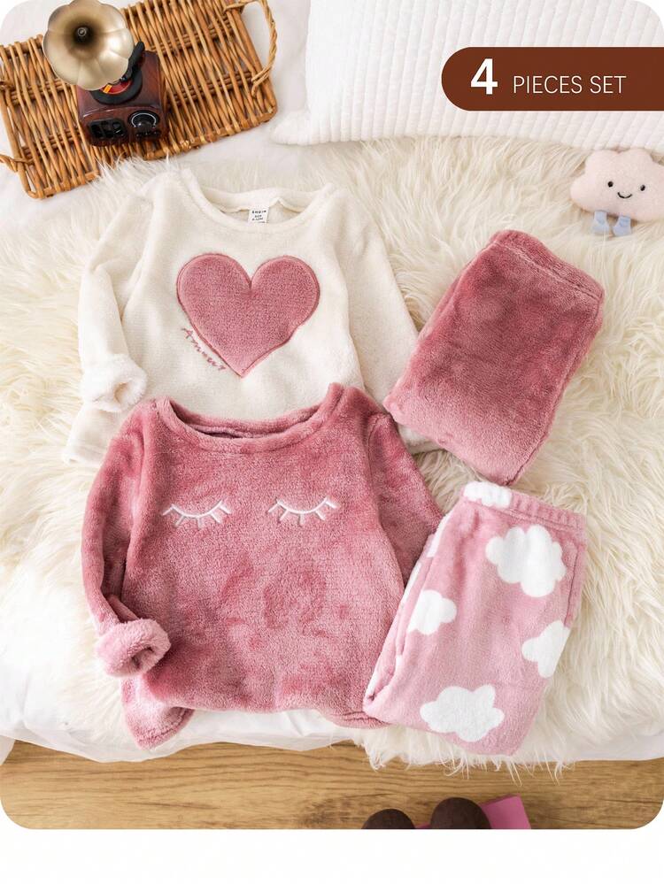 4 Peças Conjunto de Menina Bebê para o Dia dos Namorados com Estampa Fofa de Coração e Nuvem, Top de Manga Longa Gola Redonda e Calça de Pijama Forrada com Tecido Térmico Macio - Rosa chiclete - Visão 1