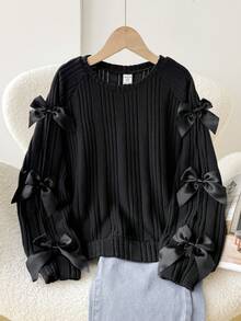 SHEIN 秋冬款青少年女孩休闲圆领长袖蝴蝶结T恤