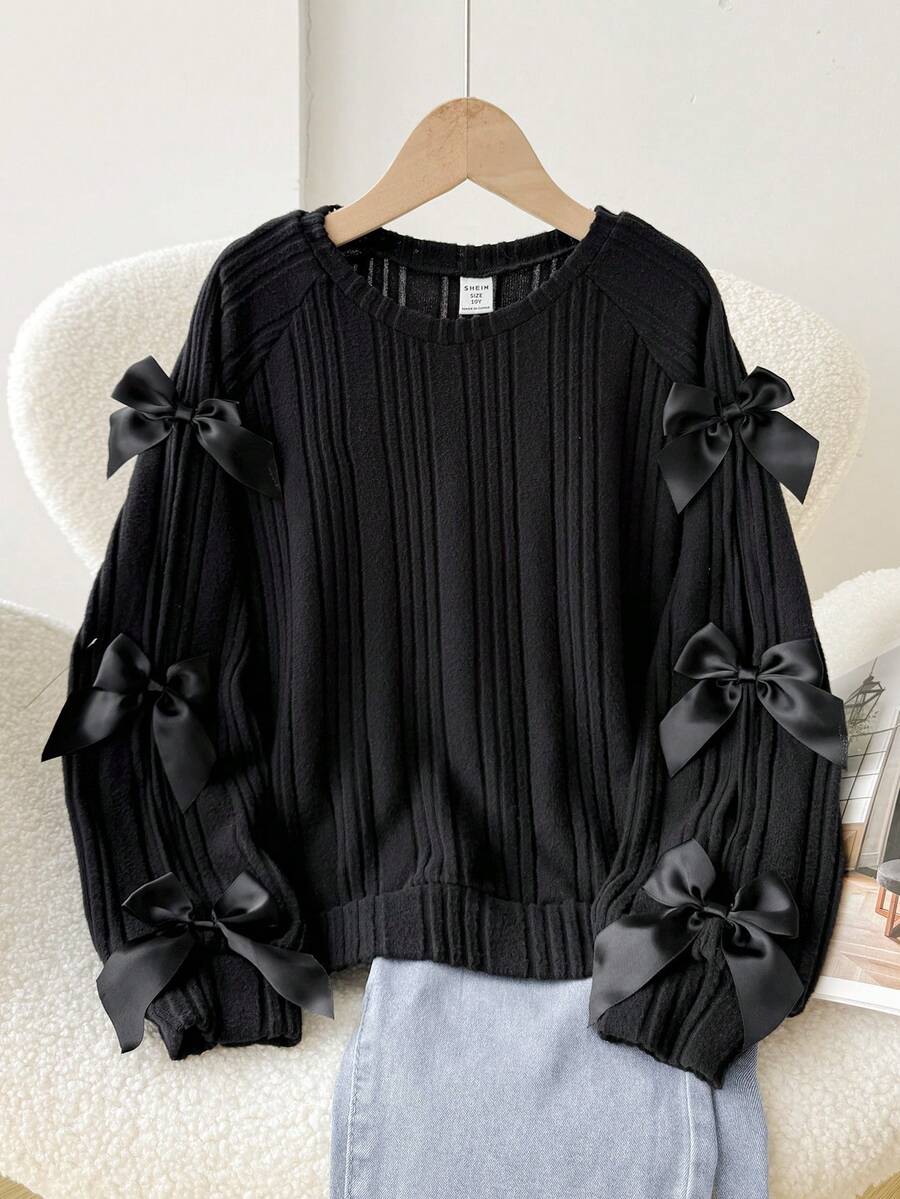 SHEIN 秋冬款青少年女孩休闲圆领长袖蝴蝶结T恤