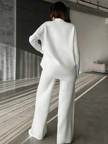 RueChic Damski sweter z kontrastowym kołnierzem, długimi rękawami i dzianinowymi spodniami, 2-częściowy zestaw casualowy, jesień/zima - Granatowy - Zobacz 2