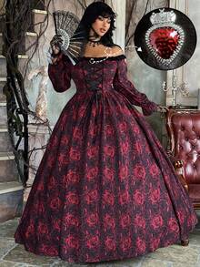 Lyrianda Plus Size Women's Autumn/Winter Off Shoulder Long Sleeve Ruffle Trim Bow Tie Waist A-Line Rose Print Elegant Vintage Cute Palace Style Romantic Maxi Dress