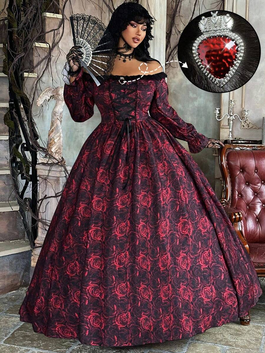 Lyrianda Plus Size Women's Autumn/Winter Off Shoulder Long Sleeve Ruffle Trim Bow Tie Waist A-Line Rose Print Elegant Vintage Cute Palace Style Romantic Maxi Dress