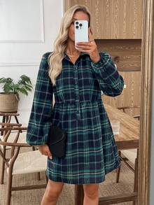 EMERY ROSE 女式常规肩长袖束腰前扣休闲迷你连衣裙 - 綠色 - 查看 4