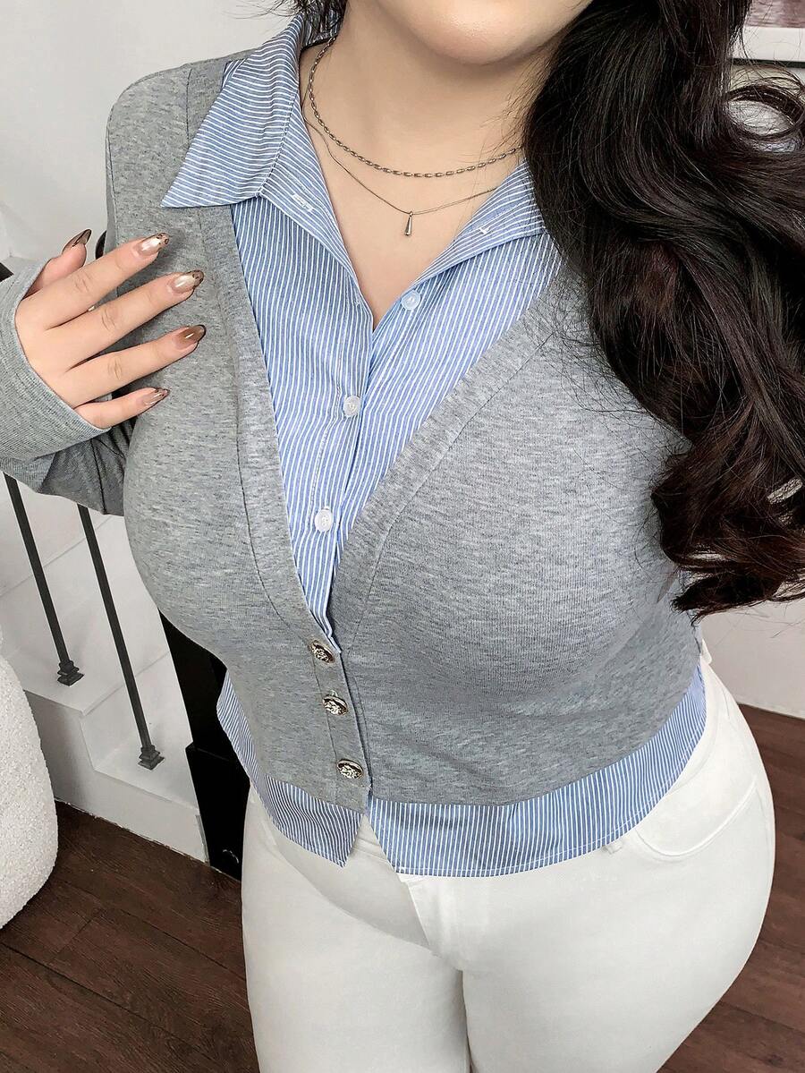 Modelyn 秋季大码休闲条纹拼布衬衫 - 彩色 - 查看 1