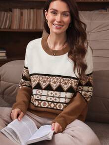 SHEIN Clasi Women's Casual Loose Fit Crew Neck Long Sleeve Jacquard Knit Sweater, Retro Fair Isle Pattern, Autumn/Winter - Camel - View 6