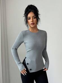Elenzga Nuova maglietta da donna con bottoni, orlo asimmetrico, maniche lunghe, vestibilità slim, casual e adatta per l'ufficio, autunno/inverno - Grigio - Visualizzare 4