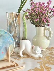 1 件独特无尾猫小花盆，可爱小猫多肉室内花盆，动物家居装饰花盆架，新奇陶瓷盆景花盆理想礼物，可爱的办公桌房间家居装饰 - 彩色 - 查看 4