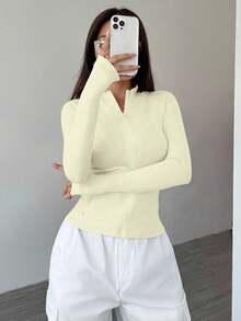 SHEIN PETITE 女式纯色前拉链长袖休闲夹克，春秋季 - 杏色 - 查看 3