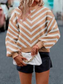 SHEIN LUNE Women's Casual Colorblock Striped Sweater, Autumn/Winter - Khaki - View 6