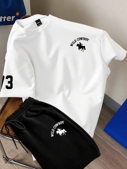 Manfinity Joysei Set de 2 piezas de camiseta de cuello redondo + pantalón corto con diseño de icono de caballo vaquero clásico en blanco y negro, conjunto versátil de camiseta de manga corta y pantalón corto retro casual minimalista