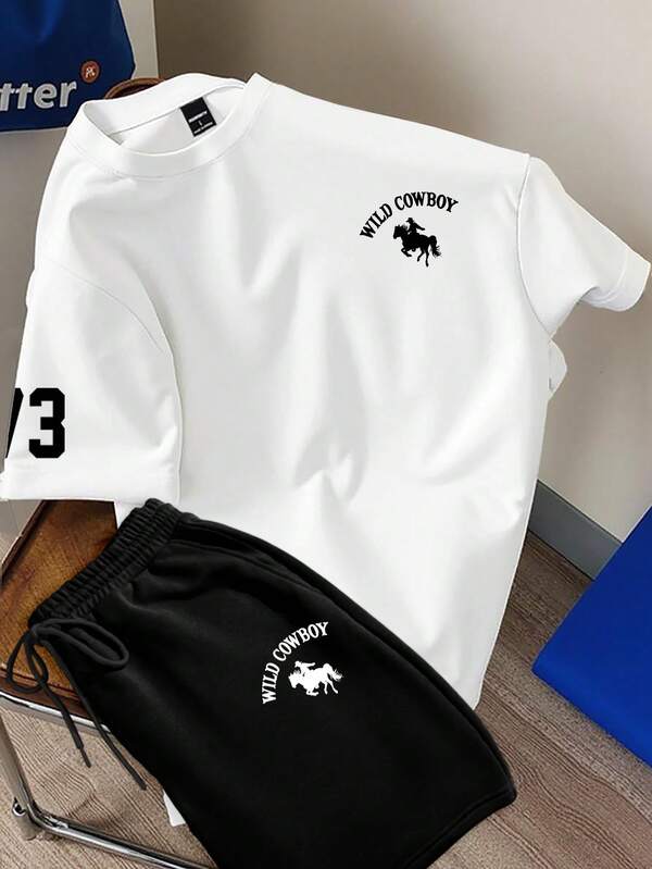 Manfinity Joysei 2pcs Classic Black & White Western Cowboy Horse Icon Design Round Neck T-Shirt + Short Sleeve Set, Versatile Retro Casual Minimalist Short Sleeve T-Shirt & Shorts Set