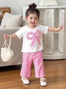 Souflis Souflis 2 件女婴幼儿/新生儿 0-3 岁可爱休闲条纹蝴蝶结 T 恤 + 条纹裤套装，婴儿莫兰迪蓝色服装，春夏 - 粉色 - 查看 7