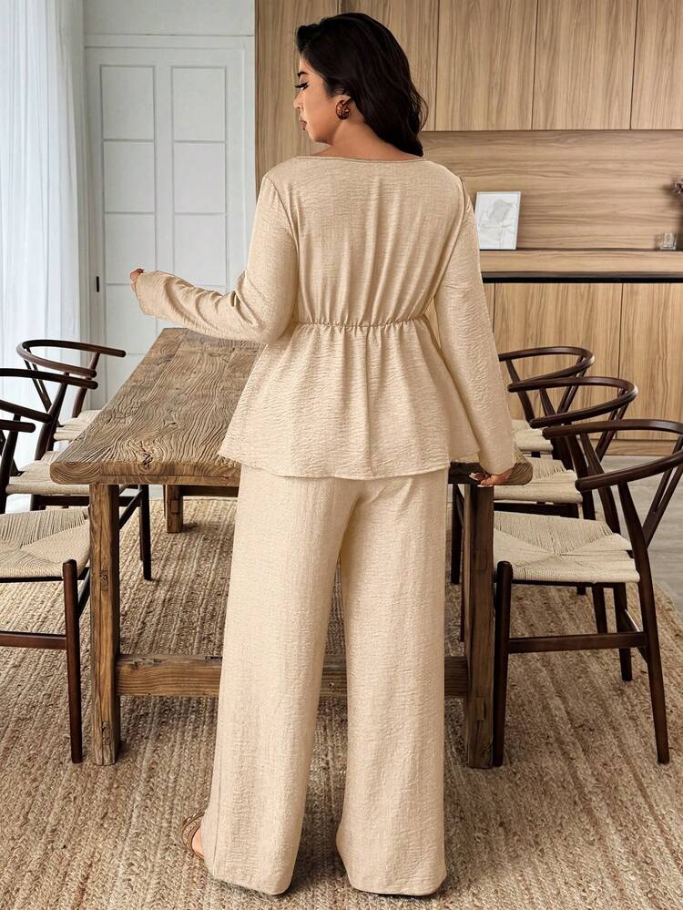 Bộ 2 món đồ ngủ babydoll cổ vuông họa tiết hoa 3D thời trang xuân/thu dành cho nữ cỡ lớn kèm quần ống rộng rộng rãi - Màu Khaki - Xem 2