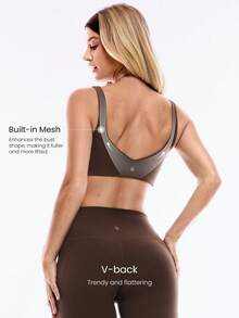 GLOWMODE FeatherFit™-Sculpt 聚拢强力压缩内置网状肩带可拆卸罩杯 V 型后背半罩杯运动文胸中等强度跑步慢跑锻炼健身房训练活跃 - 肉桂靈感 - 查看 4