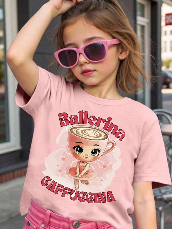 Tween Girl Cappuccino Lady Graphic Tee - Cute Ballerina And Cappuccino Print With Heart And Lightning Design, Pink Short Sleeve Crew Neck Summer Top, Casual, Comfortable And Fashionable For Girls, Suitable For Daily Wear, Cute Casual Style Pink Slogan, Suitable For Toddlers And Children (Easy Care Parents Love), Vibrant Graphic T-Shirt