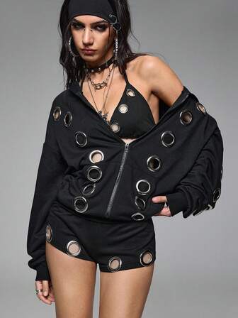 Grunge Punk Heavy Metal Punk Style Grommet Hooded Sweatshirt Set For Women