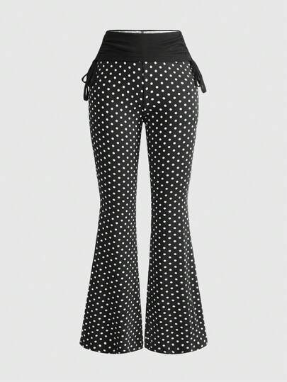 ROMWE Grunge Punk Calça flare feminina com estampa de bolinhas e cordão e contraste de cores