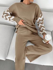 EURMUSE Striped Contrast Color Round Neck Sweater And Pants Two Piece Set - Mocha Brown - View 5