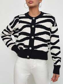 Cloudara Allover Pattern Drop Shoulder Button Front Cardigan - Black and White - View 3