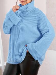 EURMUSE Women's Plus Size Solid Color Ribbed Knit Loose Turtleneck Sweater, Autumn/Winter - Baby Blue - View 5