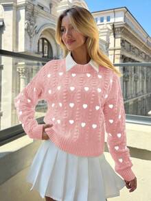 EURMUSE Women Hearth Embroidery Textured Knit Round Neck Pullover - Baby Pink - View 4