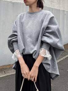 FRIFUL 女式纯色花卉拼接蕾丝圆领插肩袖宽松休闲套头衫，秋冬 - 灰色 - 查看 2