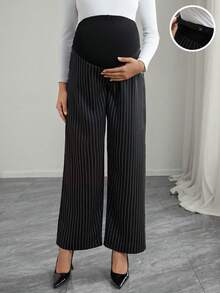 Momance Umstandshosen mit Bauchunterstützung, weite gestreifte Hose - Schwarz und Weiss - Übersicht 3