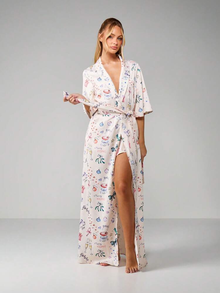 MISSGUIDED Christmas Print Kimono Robe For Women Holiday Dressing Gown Wrap Style Maxi Length Loungewear