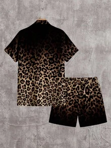 StoneGrade Set de 2 prendas: Camisa de manga corta oversize con estampado degradado de leopardo y pantalón corto a juego para hombre - Multicolor - Ver 2
