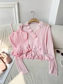 Modelyn 2pcs Romantic Ruffled Embroidered Floral Cardigan & Camisole Knit Set For Women, Pink Autumn Winter Clothes For Women - Pink - View 1