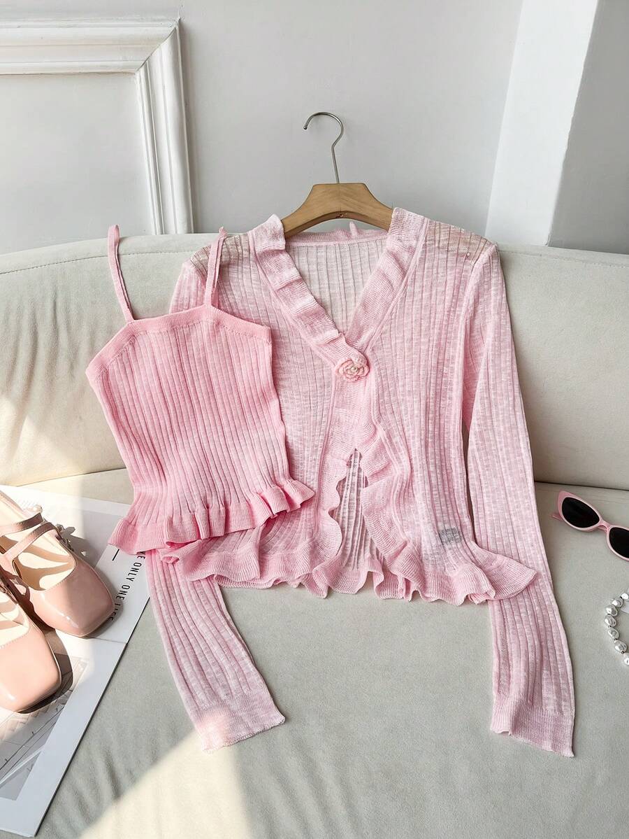 Modelyn 2pcs Romantic Ruffled Embroidered Floral Cardigan & Camisole Knit Set For Women, Pink Autumn Winter Clothes For Women - Pink - View 1