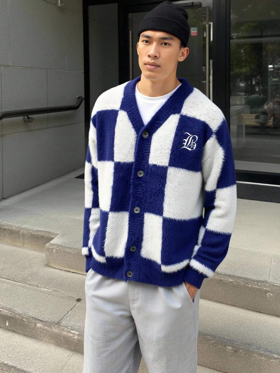 Claim Dot Men's Plaid Long Sleeve Single-Breasted Casual Knit Cardigan, Autumn/Winter - Multicolor - View 1