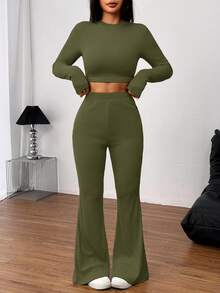 SHEIN EZwear 2 件套女式休闲纯色针织圆领长袖短款修身 T 恤和高腰喇叭裤 - 軍綠色 - 查看 4