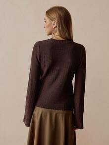 Florisole Jersey de punto con cuello redondo, capa base de punto grueso con mangas acampanadas, informal y ropa de trabajo para mujer, otoño/invierno - Café integral - Ver 2