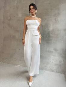 Firerie 女士优雅浪漫白色露肩连体裤，不对称设计，宽松阔腿裤，适合派对、正式活动、夏季、秋季、毕业季 - 白色 - 查看 4