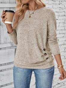 EMERY ROSE T-shirt décontracté à manches longues, col rond, avec boutons décoratifs et ourlet plissé, style vintage, tailles plus, automne/hiver - Nude - Voir 3