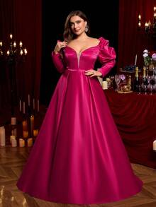 Glamrae Elegancka, romantyczna, fuksjowa suknia ślubna z odkrytymi ramionami i długim rękawem, o przerysowanym kroju, z wysokim rozcięciem i obszerną spódnicą w kształcie litery A, odpowiednia na wesela, imprezy, ukończenia szkół, formalne gale (bogato zdobiony wzór)